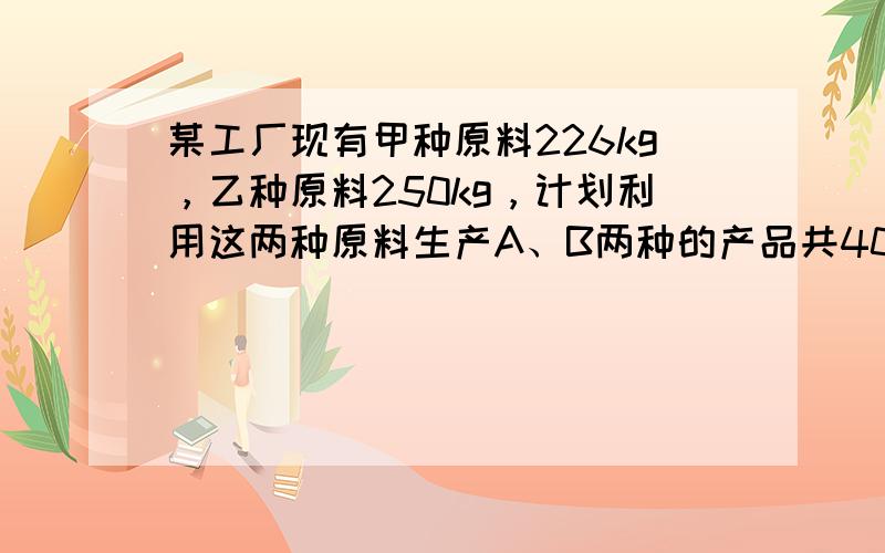 某工厂现有甲种原料226kg，乙种原料250kg，计划利用这两种原料生产A、B两种的产品共40件，生产A、B两种产品用料