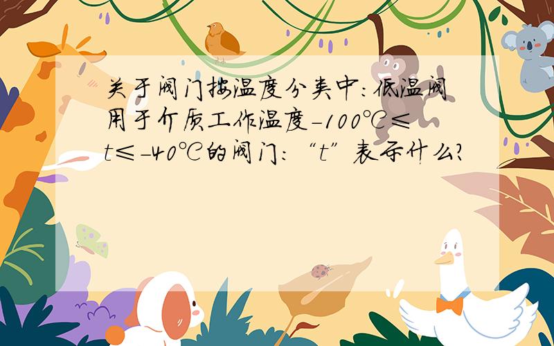 关于阀门按温度分类中:低温阀用于介质工作温度-100℃≤t≤-40℃的阀门：“t”表示什么?