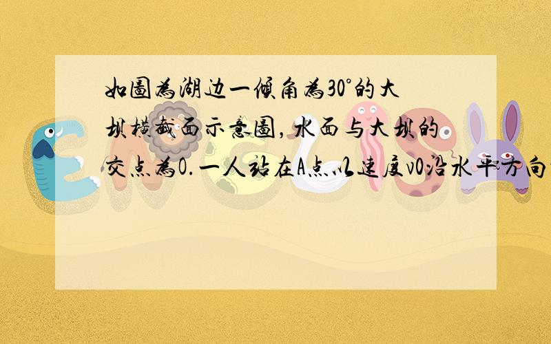 如图为湖边一倾角为30°的大坝横截面示意图，水面与大坝的交点为O.一人站在A点以速度v0沿水平方向扔一小石子，已知AO=