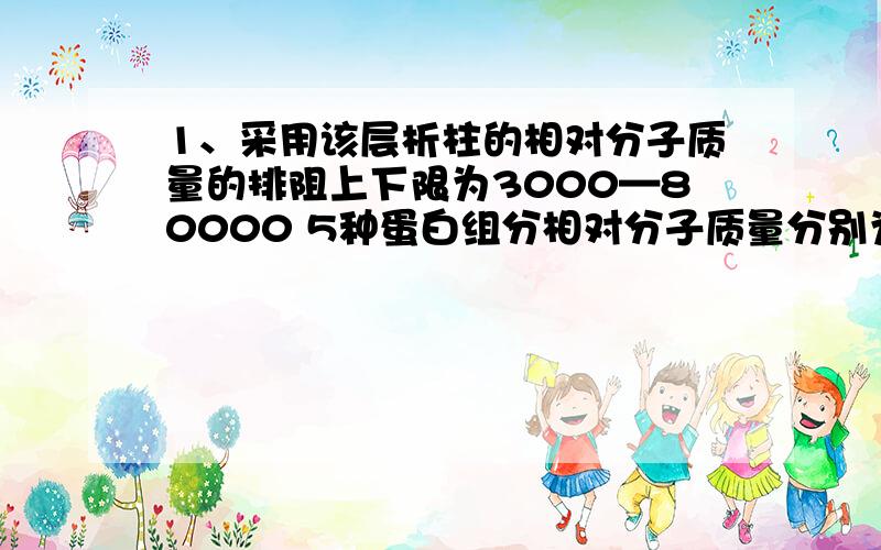 1、采用该层析柱的相对分子质量的排阻上下限为3000—80000 5种蛋白组分相对分子质量分别为10000、30000、