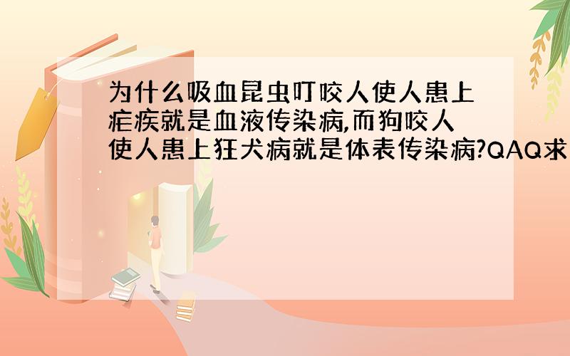 为什么吸血昆虫叮咬人使人患上疟疾就是血液传染病,而狗咬人使人患上狂犬病就是体表传染病?QAQ求解释