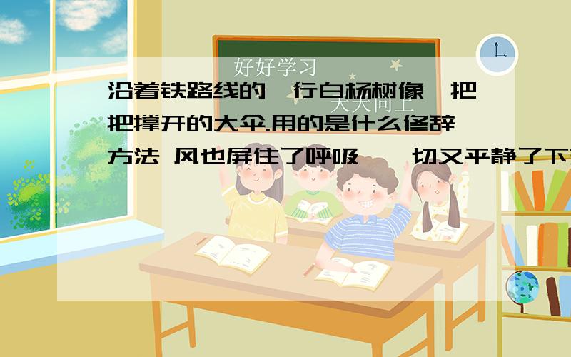 沿着铁路线的一行白杨树像一把把撑开的大伞.用的是什么修辞方法 风也屏住了呼吸,一切又平静了下来