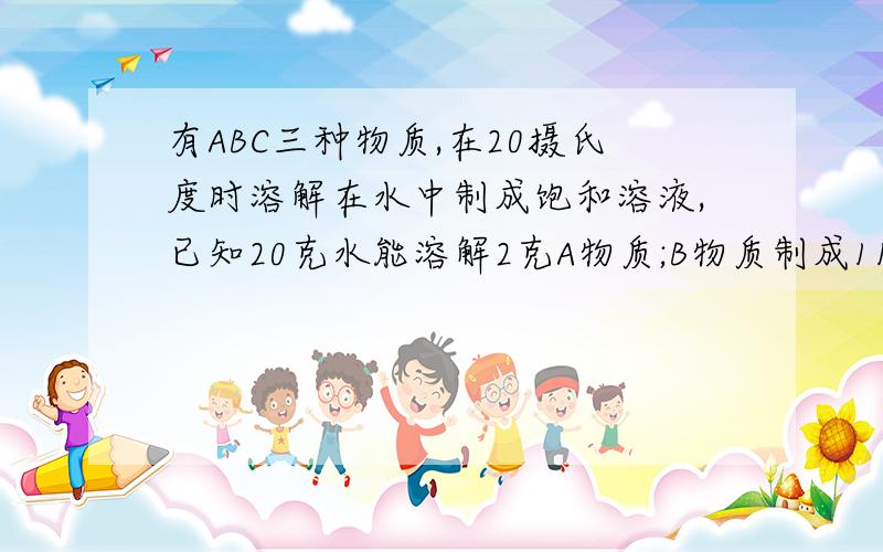 有ABC三种物质,在20摄氏度时溶解在水中制成饱和溶液,已知20克水能溶解2克A物质;B物质制成115克饱和溶液用了15