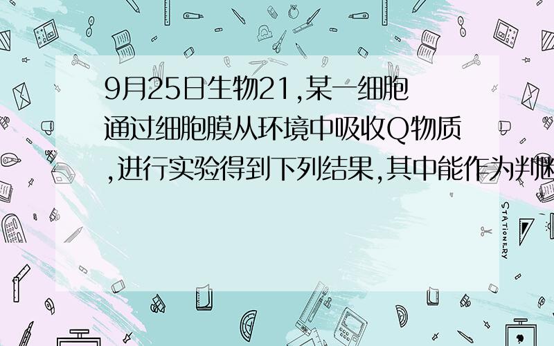 9月25日生物21,某一细胞通过细胞膜从环境中吸收Q物质,进行实验得到下列结果,其中能作为判断（见补充）