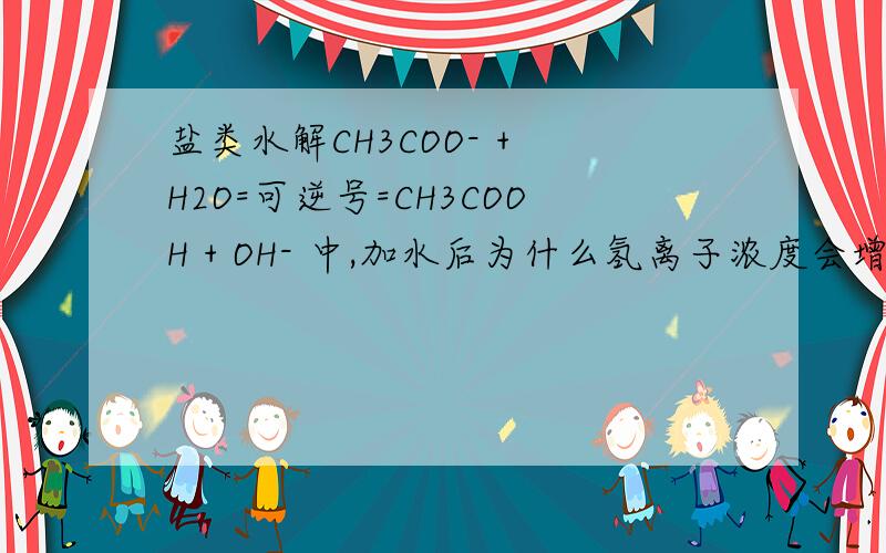 盐类水解CH3COO- + H2O=可逆号=CH3COOH + OH- 中,加水后为什么氢离子浓度会增大