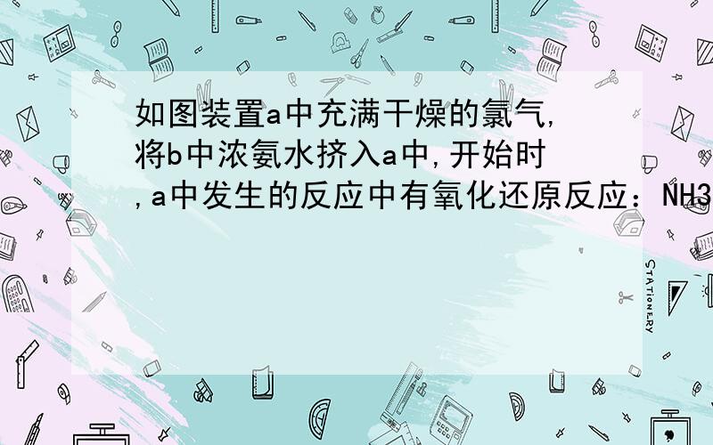 如图装置a中充满干燥的氯气,将b中浓氨水挤入a中,开始时,a中发生的反应中有氧化还原反应：NH3＋Cl2→N2