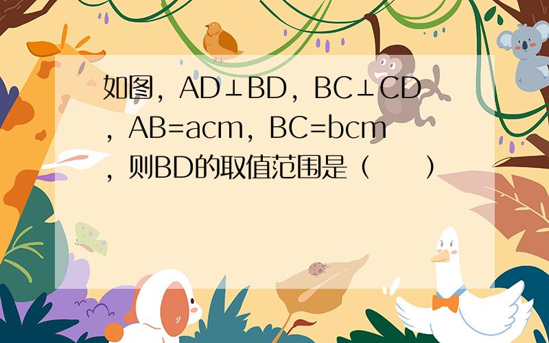 如图，AD⊥BD，BC⊥CD，AB=acm，BC=bcm，则BD的取值范围是（　　）