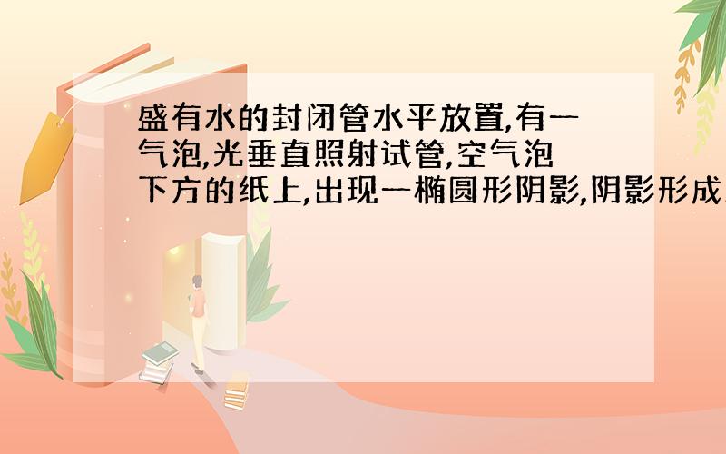 盛有水的封闭管水平放置,有一气泡,光垂直照射试管,空气泡下方的纸上,出现一椭圆形阴影,阴影形成原因