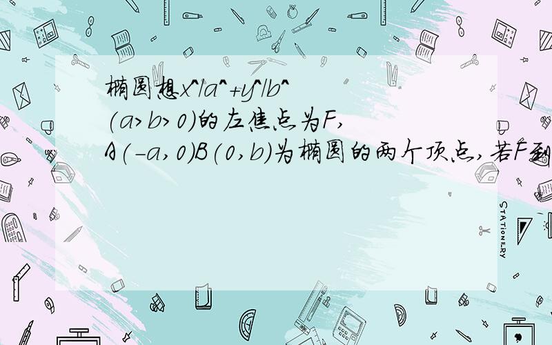 椭圆想x^/a^+y^/b^(a>b>0)的左焦点为F,A(-a,0)B(0,b）为椭圆的两个顶点,若F到AB的距离为b