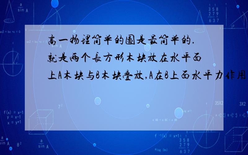 高一物理简单的图是最简单的.就是两个长方形木块放在水平面上A木块与B木块叠放,A在B上面水平力作用在B上面方向向右,质量