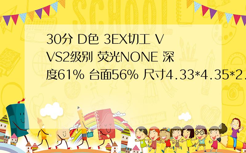 30分 D色 3EX切工 VVS2级别 荧光NONE 深度61% 台面56% 尺寸4.33*4.35*2.65 裸钻市场