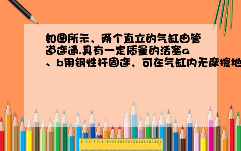 如图所示，两个直立的气缸由管道连通.具有一定质量的活塞a、b用钢性杆固连，可在气缸内无摩擦地移动.缸内及管中封有一定质量