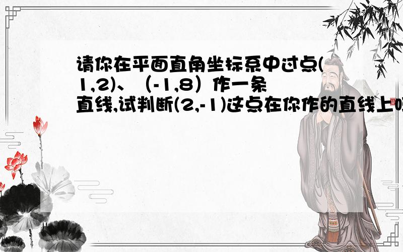 请你在平面直角坐标系中过点(1,2)、（-1,8）作一条直线,试判断(2,-1)这点在你作的直线上吗（有何依据）?