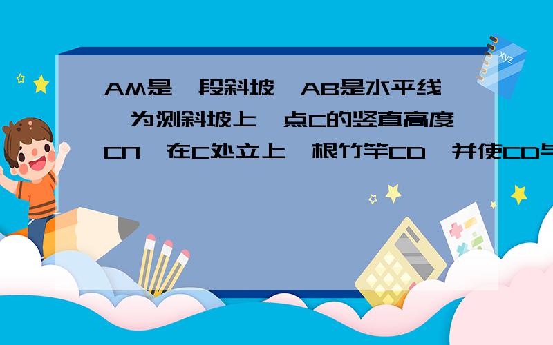 AM是一段斜坡,AB是水平线,为测斜坡上一点C的竖直高度CN,在C处立上一根竹竿CD,并使CD与斜坡AM垂直,在竹竿D垂