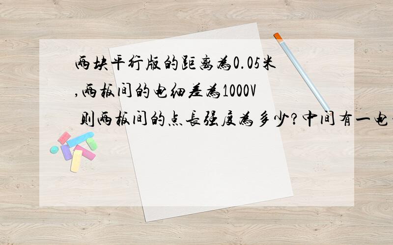 两块平行版的距离为0.05米,两板间的电细差为1000V 则两板间的点长强度为多少?中间有一电子 他的电场力为