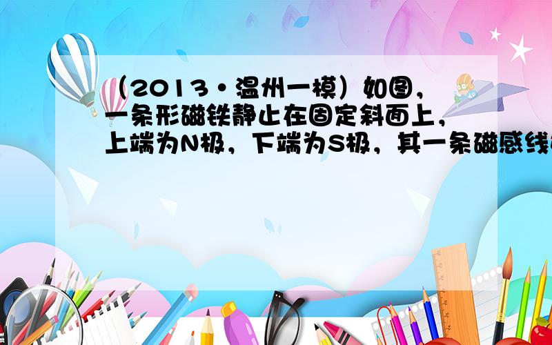 （2013•温州一模）如图，一条形磁铁静止在固定斜面上，上端为N极，下端为S极，其一条磁感线如图，垂直于纸面方向有两根完