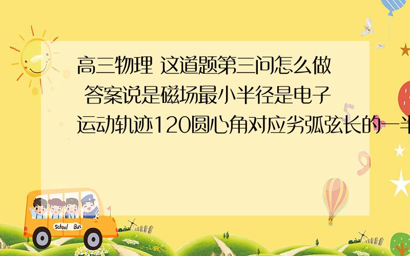 高三物理 这道题第三问怎么做 答案说是磁场最小半径是电子运动轨迹120圆心角对应劣弧弦长的一半，