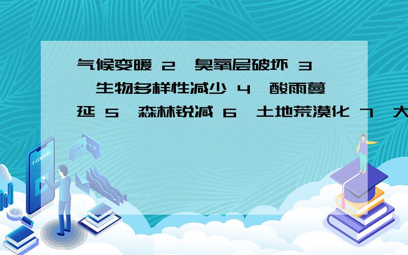 气候变暖 2、臭氧层破坏 3、生物多样性减少 4、酸雨蔓延 5、森林锐减 6、土地荒漠化 7、大气污染 8、水体