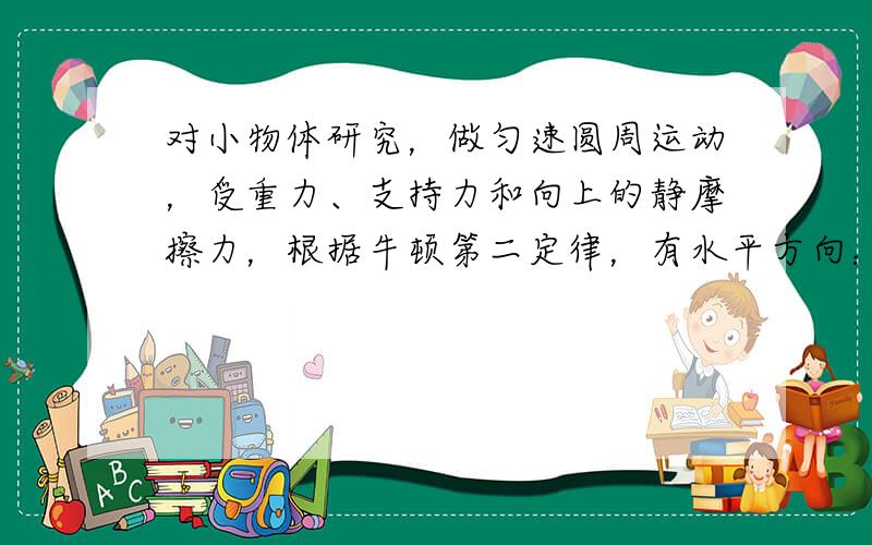 对小物体研究，做匀速圆周运动，受重力、支持力和向上的静摩擦力，根据牛顿第二定律，有水平方向：N=mω