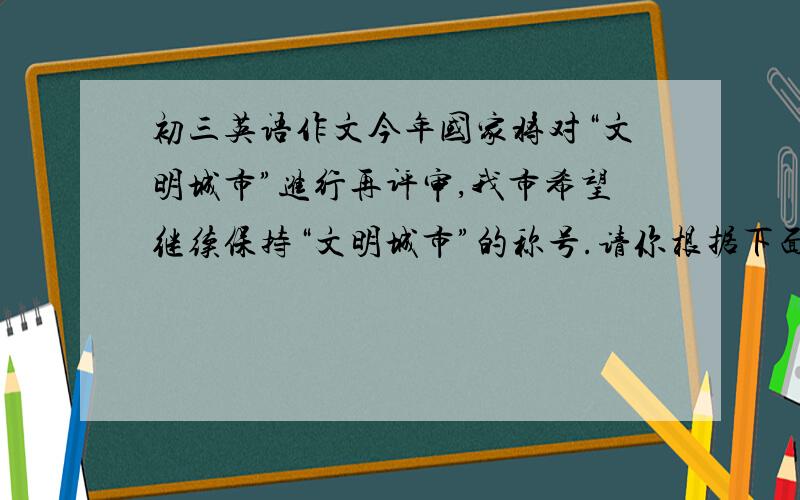 初三英语作文今年国家将对“文明城市”进行再评审,我市希望继续保持“文明城市”的称号.请你根据下面所给提示写一篇倡议书.1