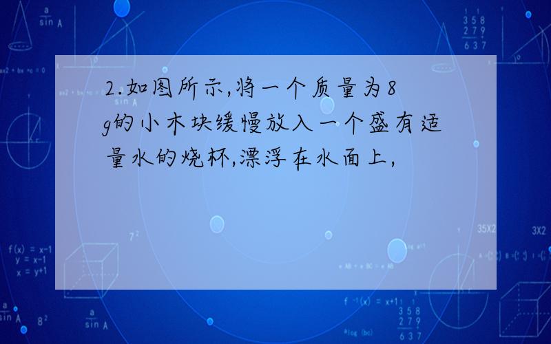 2.如图所示,将一个质量为8g的小木块缓慢放入一个盛有适量水的烧杯,漂浮在水面上,