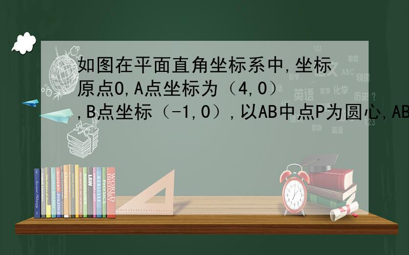 如图在平面直角坐标系中,坐标原点O,A点坐标为（4,0）,B点坐标（-1,0）,以AB中点P为圆心,AB为直径作⊙P交y