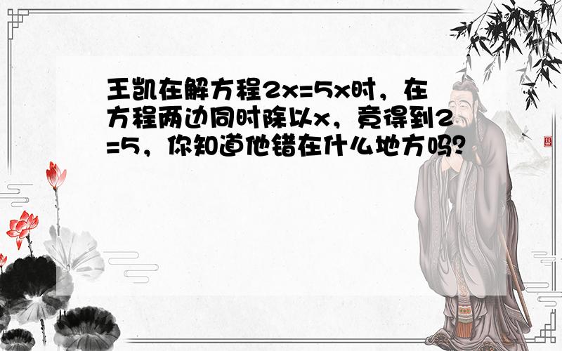 王凯在解方程2x=5x时，在方程两边同时除以x，竟得到2=5，你知道他错在什么地方吗？