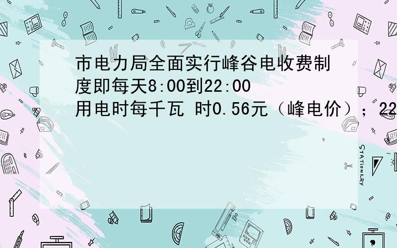 市电力局全面实行峰谷电收费制度即每天8:00到22:00用电时每千瓦 时0.56元（峰电价）；22:00到次日8:00用