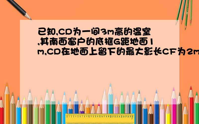 已知,CD为一间3m高的温室,其南面窗户的底框G距地面1m,CD在地面上留下的最大影长CF为2m,