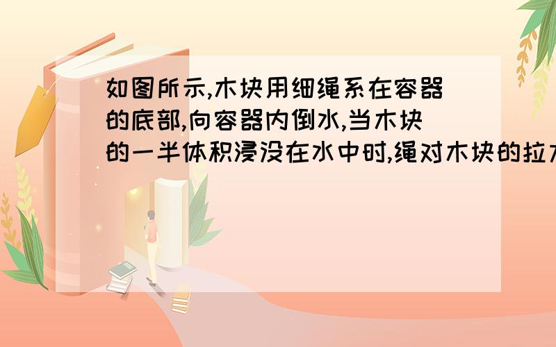 如图所示,木块用细绳系在容器的底部,向容器内倒水,当木块的一半体积浸没在水中时,绳对木块的拉力是4.9N,当木块全部浸没