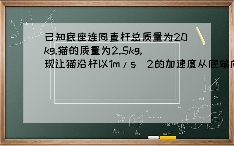 已知底座连同直杆总质量为20kg,猫的质量为2.5kg,现让猫沿杆以1m/s^2的加速度从底端向上爬,设猫与杆之间的作用