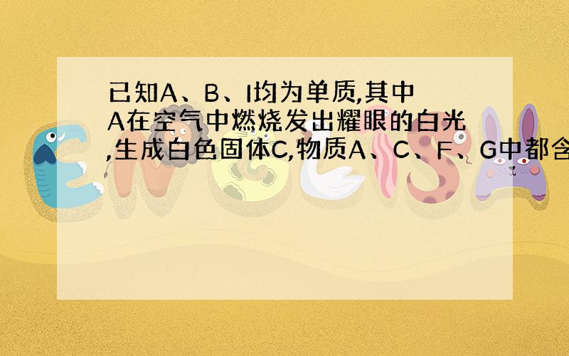 已知A、B、I均为单质,其中A在空气中燃烧发出耀眼的白光,生成白色固体C,物质A、C、F、G中都含同相同的某中元素,B、