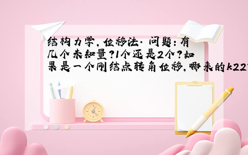 结构力学,位移法. 问题：有几个未知量?1个还是2个?如果是一个刚结点转角位移,哪来的k22? 如