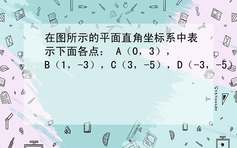 在图所示的平面直角坐标系中表示下面各点： A（0，3），B（1，-3），C（3，-5），D（-3，-5），E（3，5）。