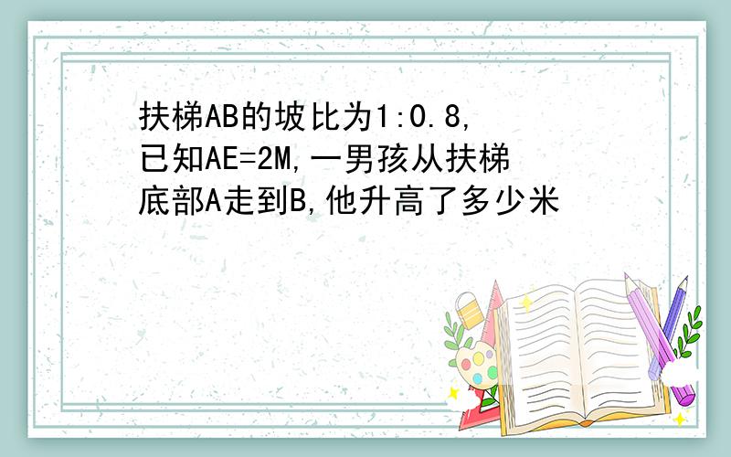 扶梯AB的坡比为1:0.8,已知AE=2M,一男孩从扶梯底部A走到B,他升高了多少米