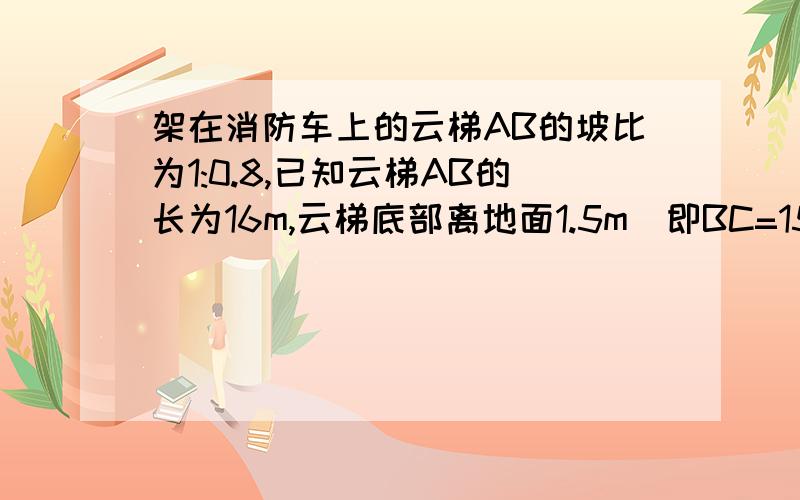 架在消防车上的云梯AB的坡比为1:0.8,已知云梯AB的长为16m,云梯底部离地面1.5m（即BC=15m）,求云梯离地