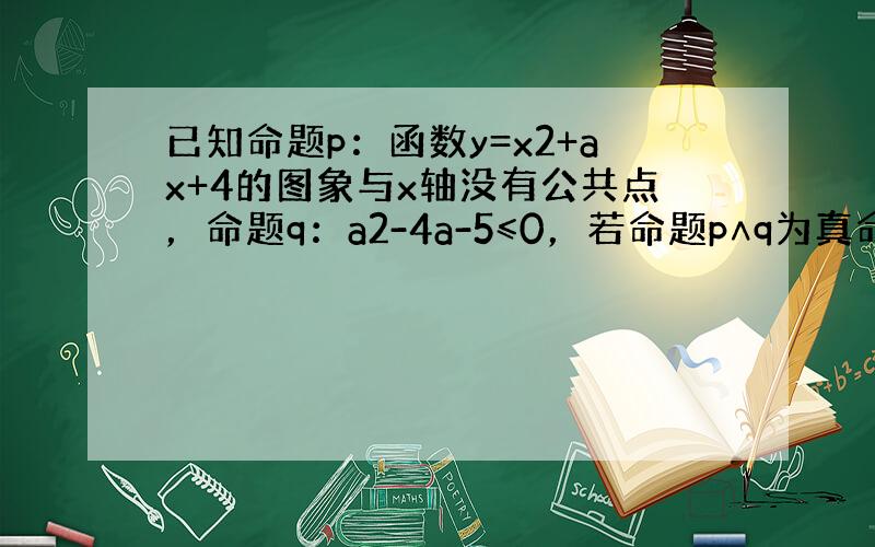 已知命题p：函数y=x2+ax+4的图象与x轴没有公共点，命题q：a2-4a-5≤0，若命题p∧q为真命题，求实数a的取