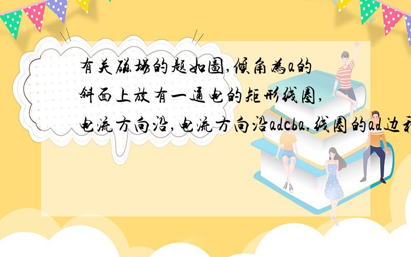 有关磁场的题如图,倾角为a的斜面上放有一通电的矩形线圈,电流方向沿,电流方向沿adcba,线圈的ad边和bc边处于水平方