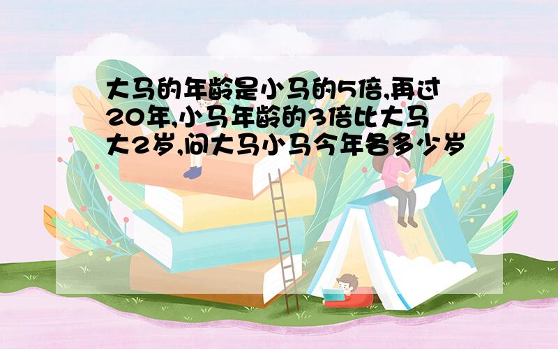 大马的年龄是小马的5倍,再过20年,小马年龄的3倍比大马大2岁,问大马小马今年各多少岁