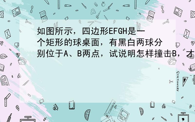 如图所示，四边形EFGH是一个矩形的球桌面，有黑白两球分别位于A、B两点，试说明怎样撞击B，才使白球先撞击台球边EF，反