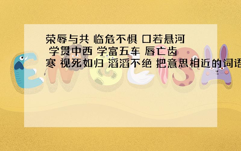 荣辱与共 临危不惧 口若悬河 学贯中西 学富五车 唇亡齿寒 视死如归 滔滔不绝 把意思相近的词语用直线连起