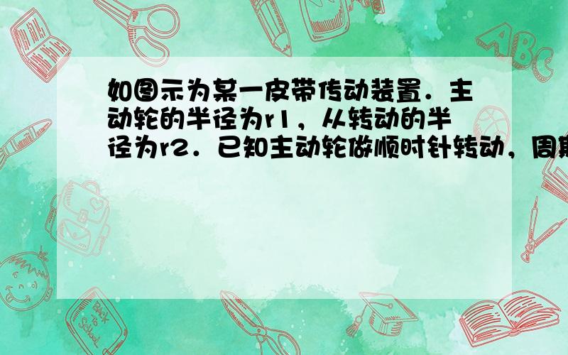 如图示为某一皮带传动装置．主动轮的半径为r1，从转动的半径为r2．已知主动轮做顺时针转动，周期为T，转动过程中皮带不打滑