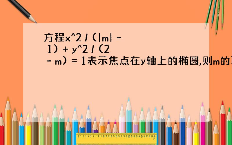 方程x^2 / (|m| - 1) + y^2 / (2 - m) = 1表示焦点在y轴上的椭圆,则m的取值范围是