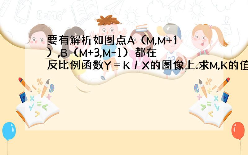 要有解析如图点A（M,M+1）,B（M+3,M-1）都在反比例函数Y＝K／X的图像上.求M,K的值