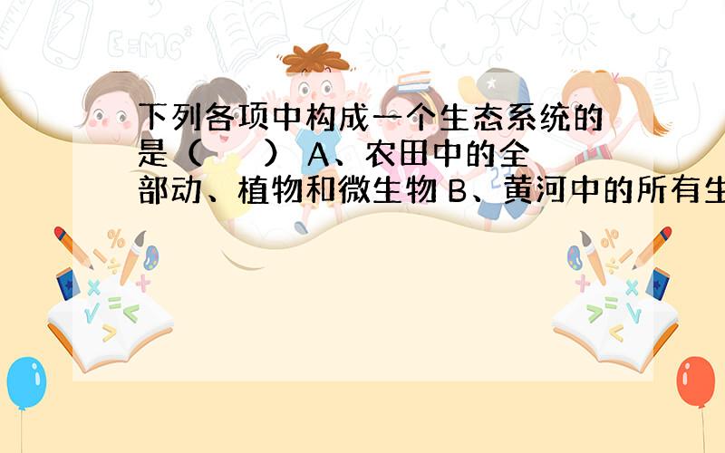 下列各项中构成一个生态系统的是（　　　） A、农田中的全部动、植物和微生物 B、黄河中的所有生物及其生