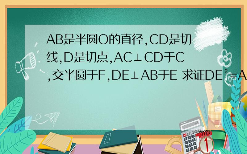 AB是半圆O的直径,CD是切线,D是切点,AC⊥CD于C,交半圆于F,DE⊥AB于E 求证DE²=AC·FC