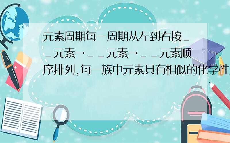 元素周期每一周期从左到右按＿＿元素→＿＿元素→＿＿元素顺序排列,每一族中元素具有相似的化学性质.