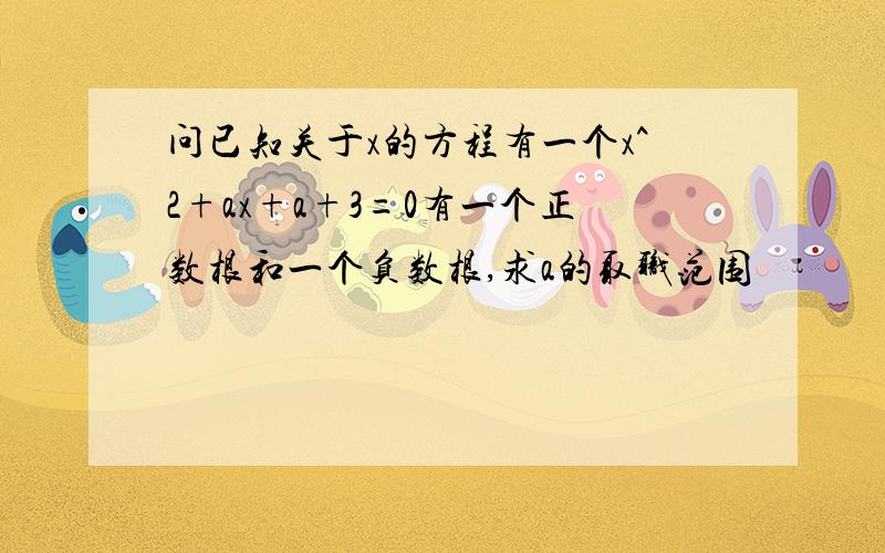 问已知关于x的方程有一个x^2+ax+a+3=0有一个正数根和一个负数根,求a的取职范围