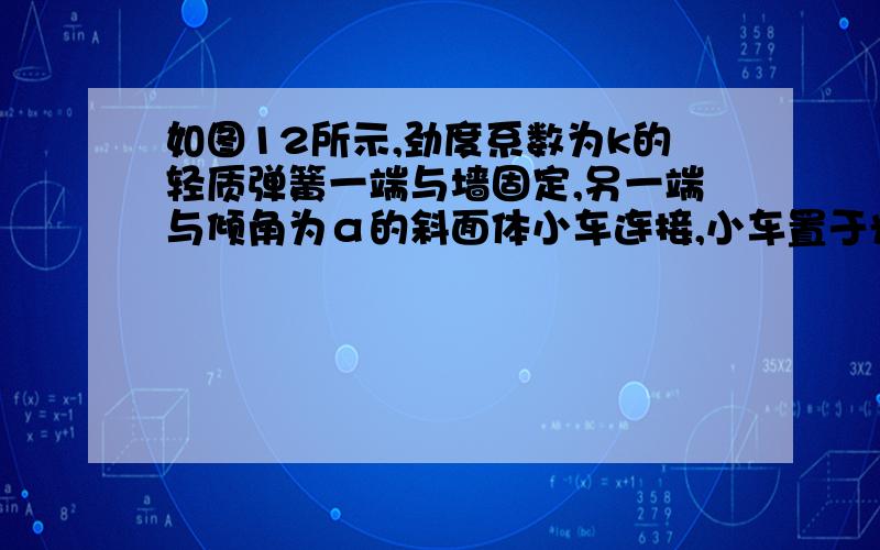 如图12所示,劲度系数为k的轻质弹簧一端与墙固定,另一端与倾角为α的斜面体小车连接,小车置于光滑的水平面上,在小车上叠放