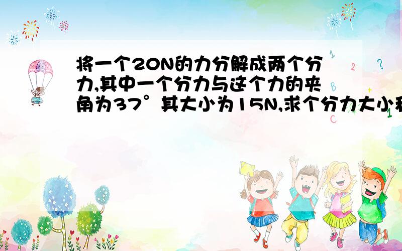 将一个20N的力分解成两个分力,其中一个分力与这个力的夹角为37°其大小为15N,求个分力大小和方向